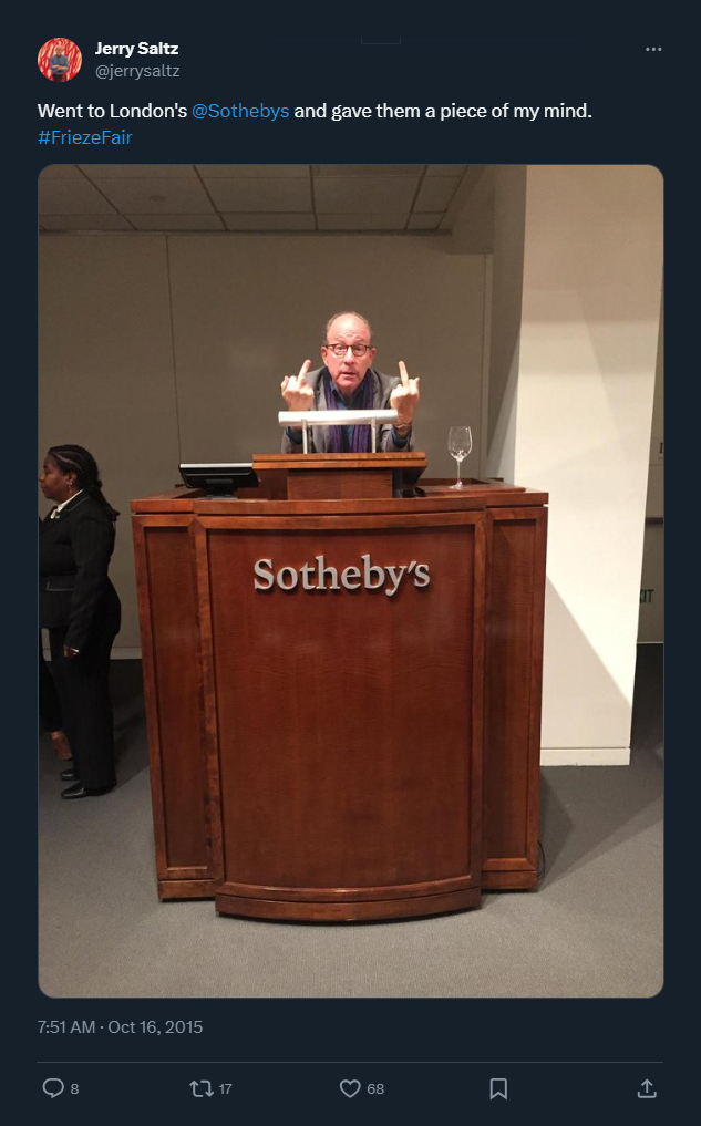 Jerry Saltz middle finger Sotheby's Tweet