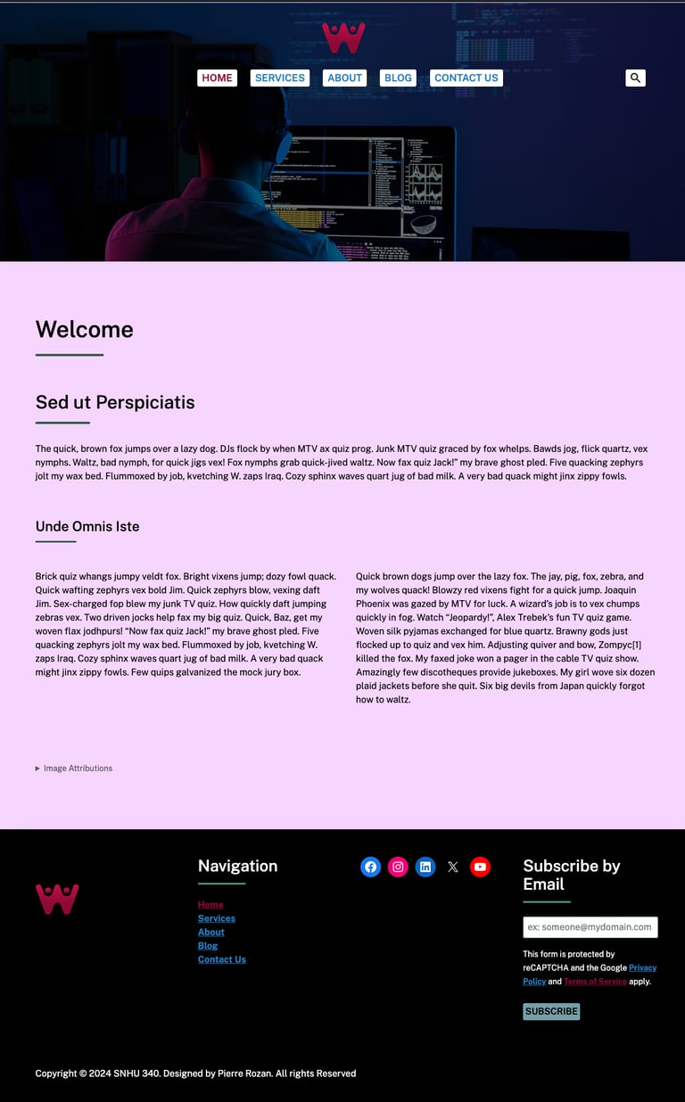 Homepage prototype with a welcome message, navigation bar, and contact info. Features a dark background and placeholder text.