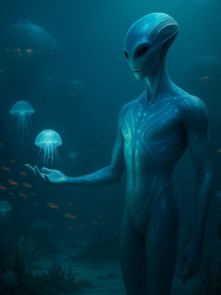 Imagem do Ser do Planeta K2-18b ilustrando a vida debaixo do Oceano com outros seres Bioluminosos