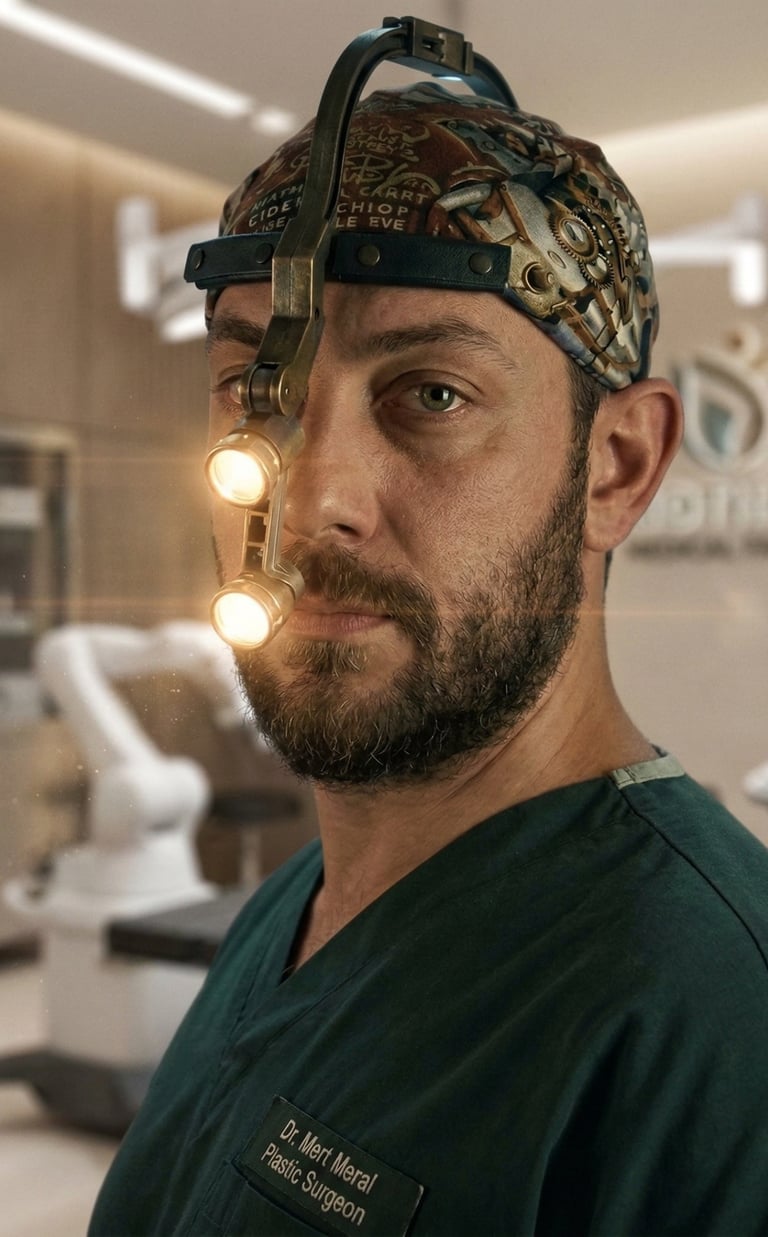 Dr. Mert Meral, a plastic surgeon wearing scrubs and a surgical headlight in a modern medical facility.