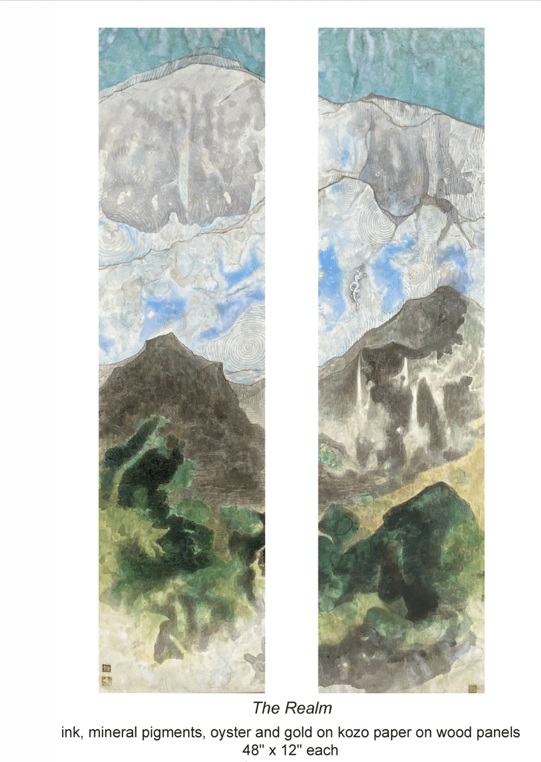 The Realm©2024,Fumiyo Yoshikawa, 48x12 inch each, Sumi-ink, mineral /Nihonga pigments, gold on Mashi