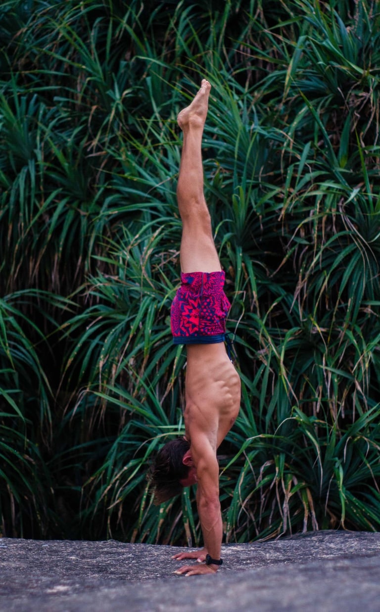 a man doing a handstand on a rock