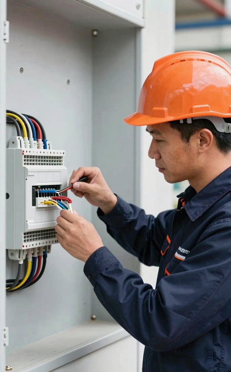 Close-up of a professional electrical engineer in a clean, branded uniform making a precise connection on a consumer unit, sharp commercial photography, bright high-contrast daylight, deep navy and crisp orange tones, clean architectural focus, 35mm
