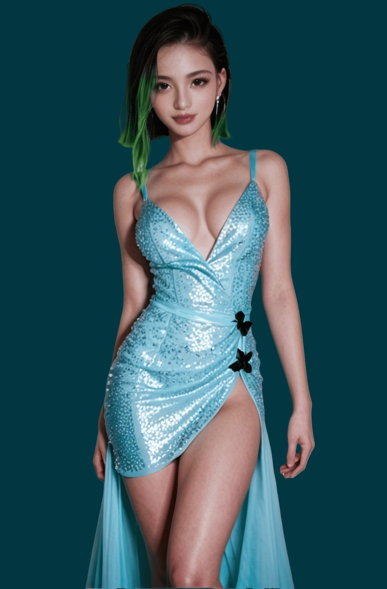 A portrait of a woman in a aqua dress