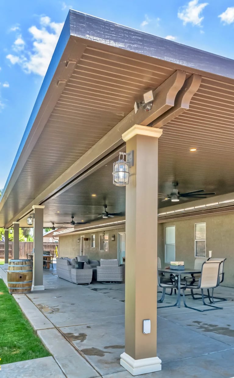 Large solid Alumawood roof mounted shade structure in Menifee California.