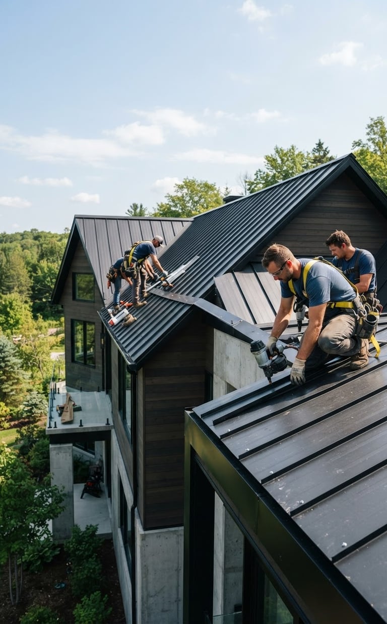 Professional roofing crew actively working on a modern residential roof, bright natural daylight, deep charcoal tones, sharp focus, 35mm, wide architectural exterior shot, crew member to the right third
