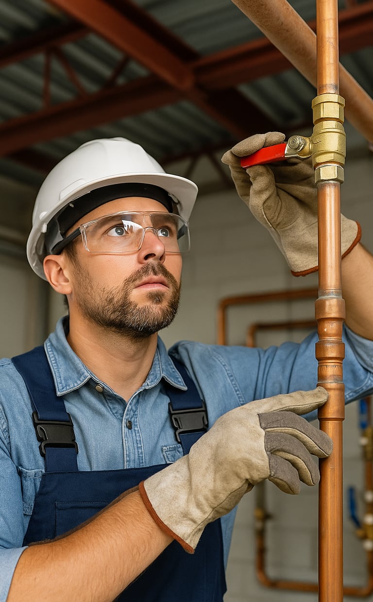 A professional plumber inspects industrial pipes and valves inside a modern commercial facility.