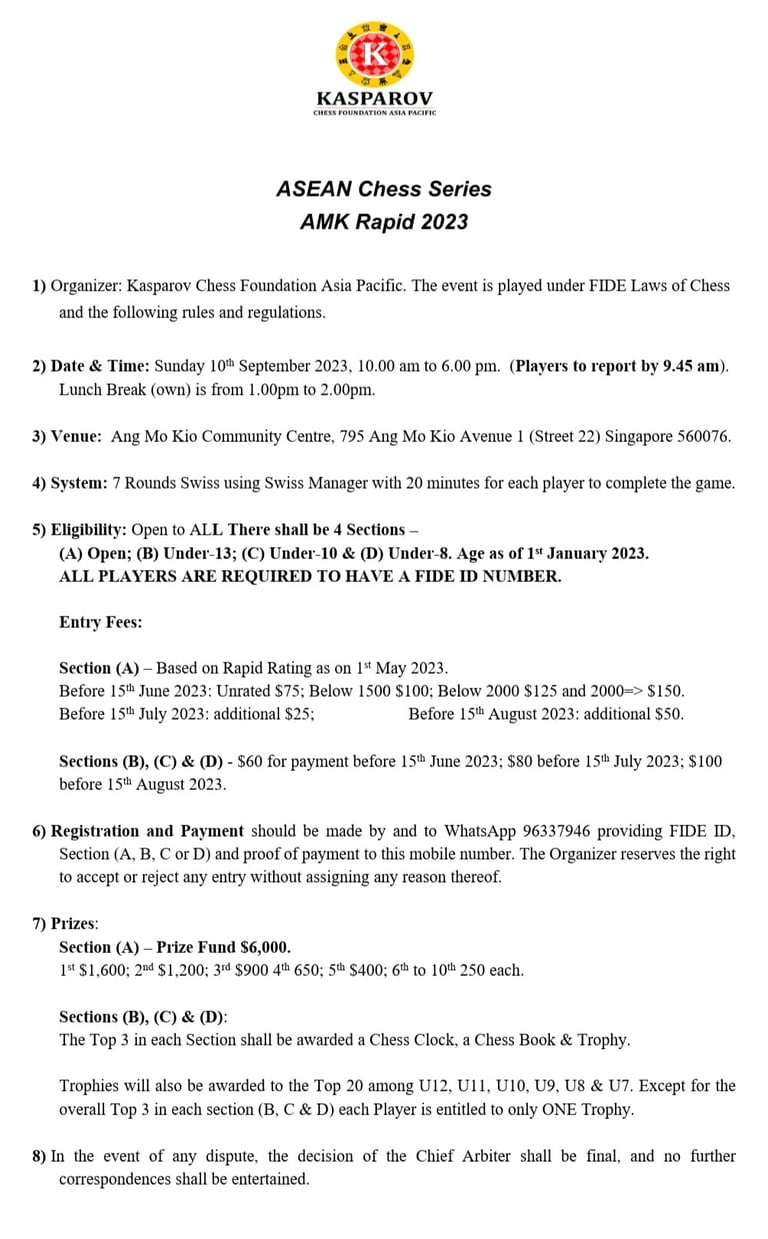 ASEAN Chess Series - AMK Rapid 2023. Kasparov Chess. Singapore Chess