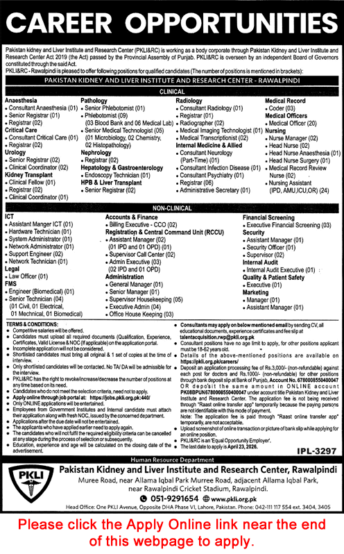 PKLI Rawalpindi Jobs April 2026 Apply Online Pakistan Kidney and Liver Institute Clinical Non Clinical Careers