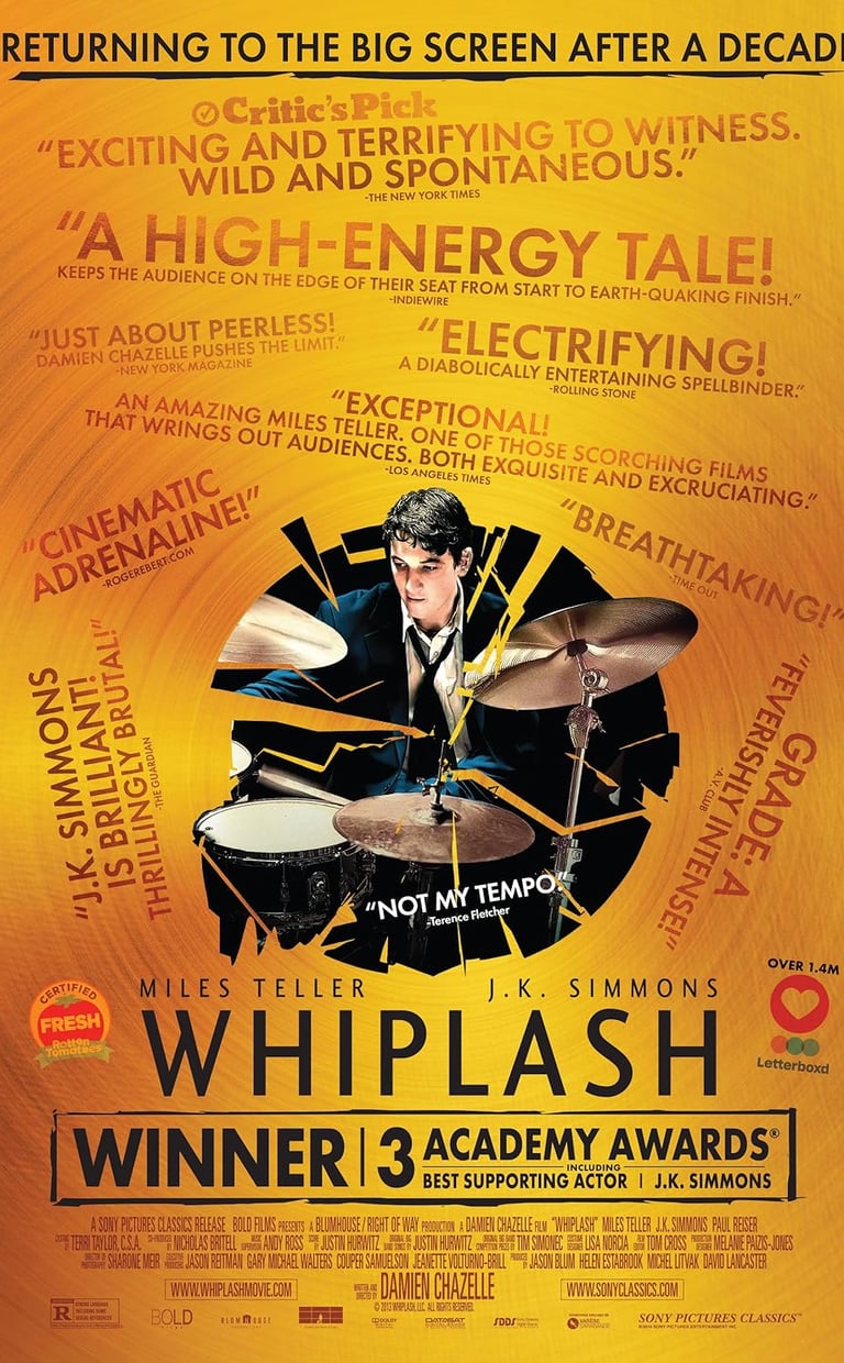 Poster for 'Whiplash' screening hosted by Auckland International Film Club.
