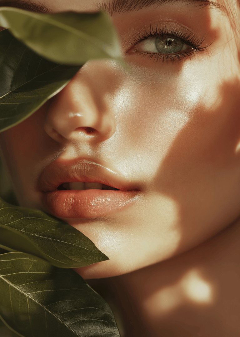 a woman with a leafy green plant framing her face