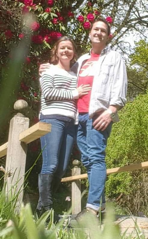 Claire and Steve together on the Japanese bridge at Ramster gardens, Chiddingfold,