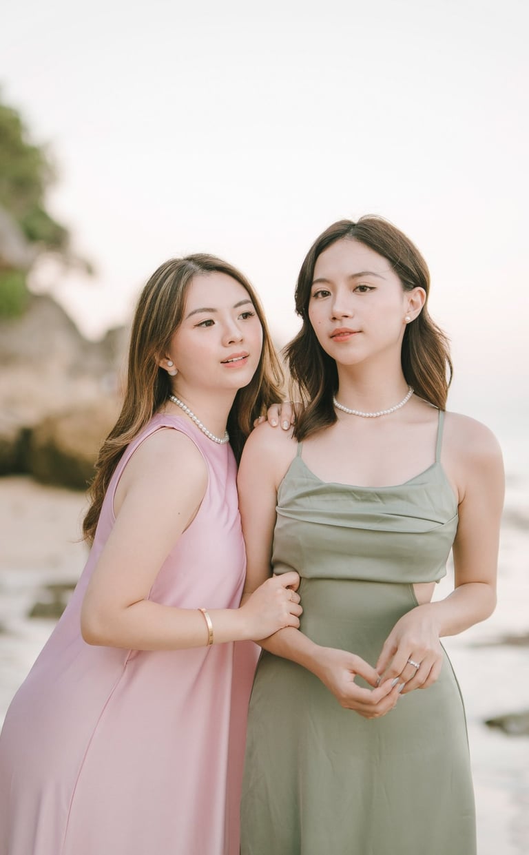 Portrait of two friends standing together during photoshoot at Geger Beach Nusa Dua Bali