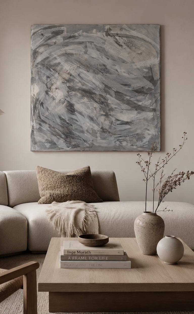 Modern minimalist living room featuring a curved beige sectional sofa and large abstract wall art.