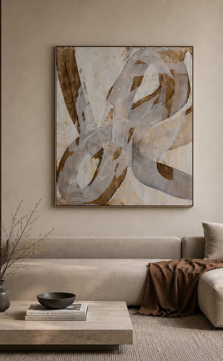 Modern minimalist living room featuring a neutral sectional sofa, stone coffee table, and large abstract wall art.