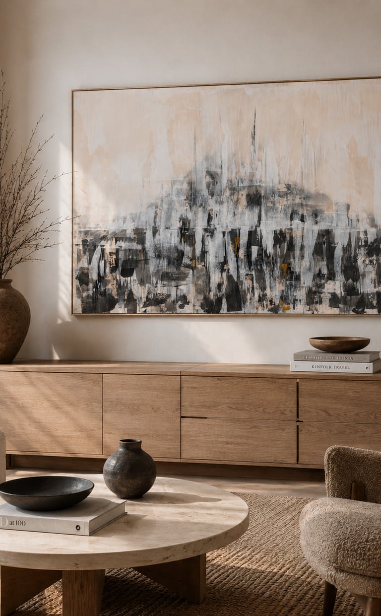 Modern minimalist living room featuring a large abstract painting above a wooden sideboard and travertine coffee table.