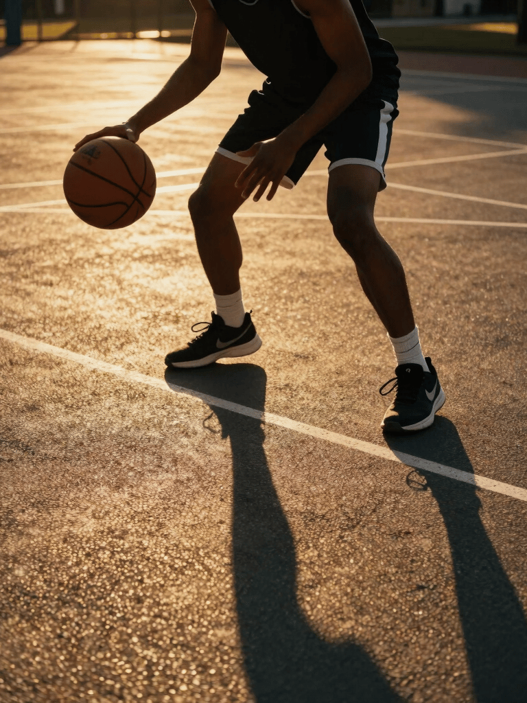 Low-angle heroic shot of a basketball player mid-crossover on an outdoor asphalt court, intense golden hour sunlight casting long dramatic shadows, cinematic 35mm