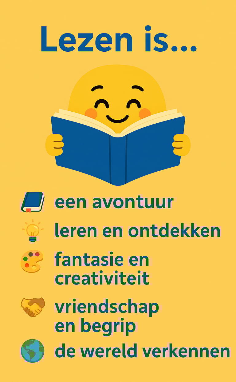 Poster bij het artikel Waarom lezen belangrijk is, met illustratie en opsomming van voordelen van le