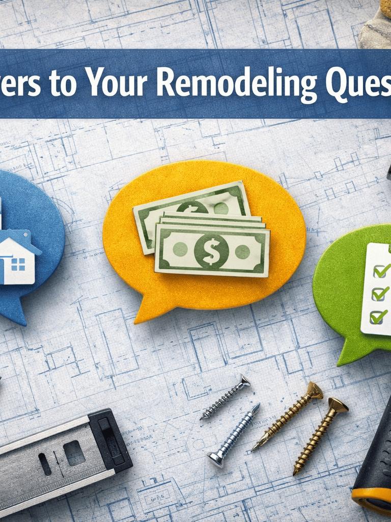 Home remodeling tools and blueprints with icons for project scheduling, budget, and planning.
