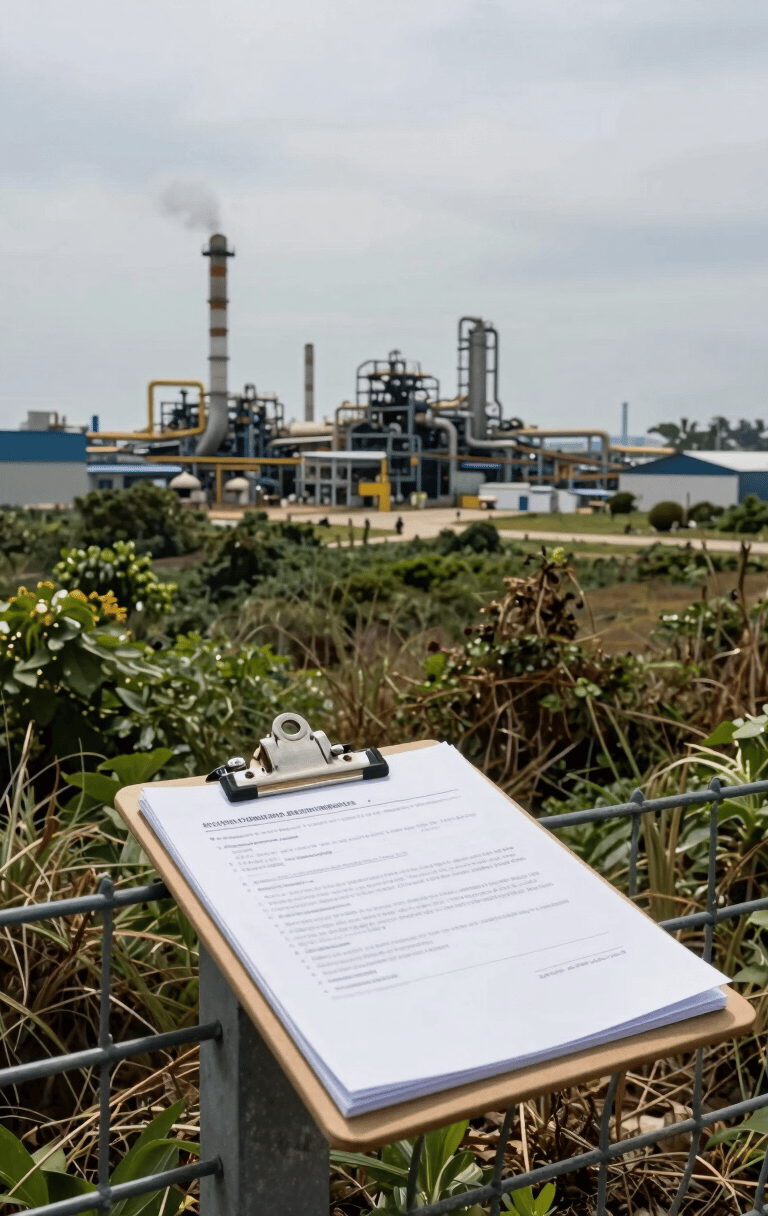 Wide-angle view of an industrial site perimeter from ground level, environmental assessment clipboard resting on a fence post in the foreground, dense vegetation and factory structures visible mid-distance under flat overcast daylight — documentary framing, no people