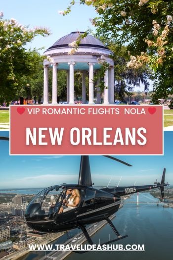 a historic building in new orleans and a romantic couple in a helicopter