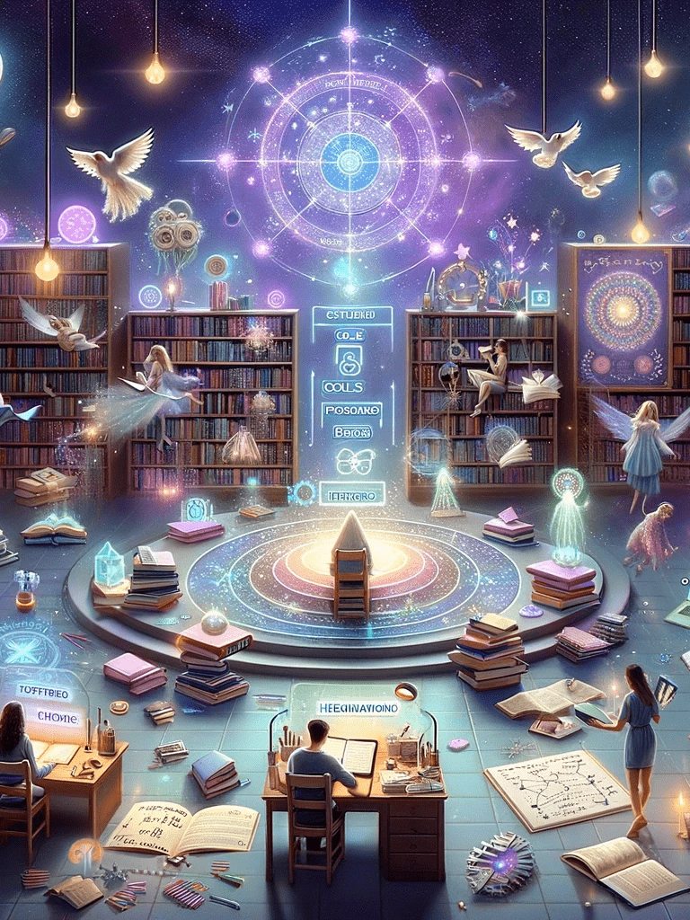 a woman sitting at a table with a lot of books and a lot of books
