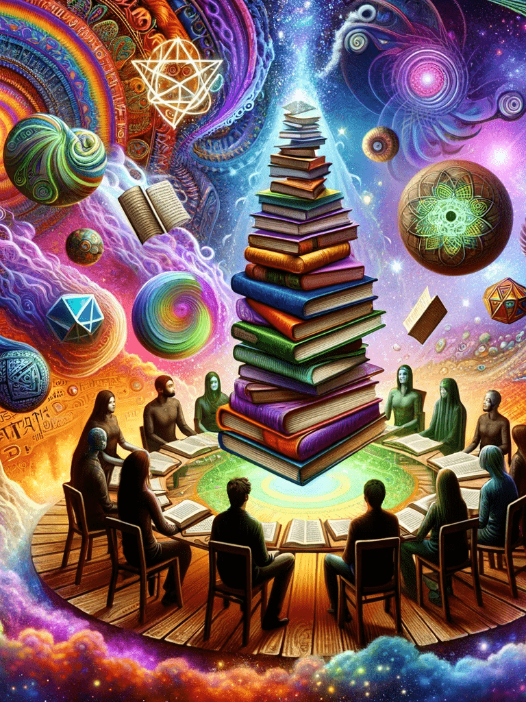a group of people sitting around a table with books