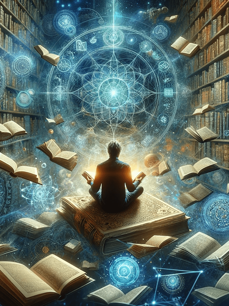 a man sitting on a bookcase with a book and a book