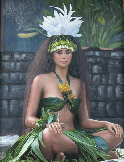 Traditional Polynesian dancer in a green leaf costume and white feather headdress sitting cross-legged.