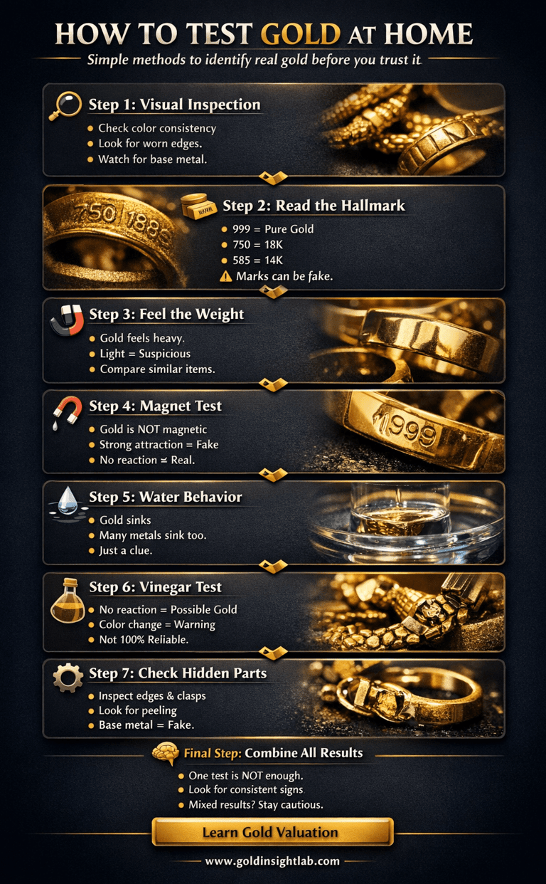 How to test gold at home infographic showing visual inspection, hallmark check, magnet test, weight 