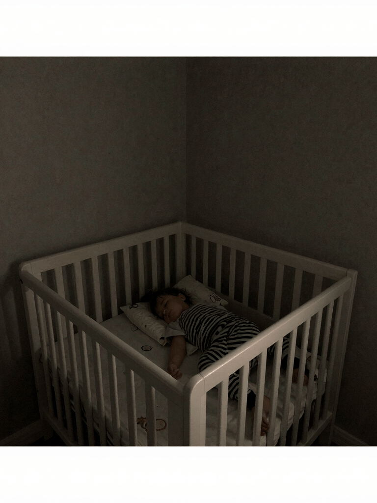 A cozy nursery with soft lighting and a sleeping baby peacefully resting in a crib.