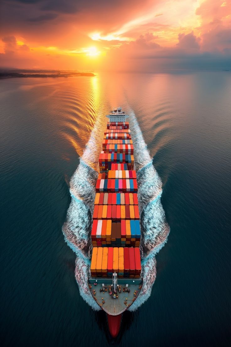 a cargo ship in the ocean with a bright orange sunset