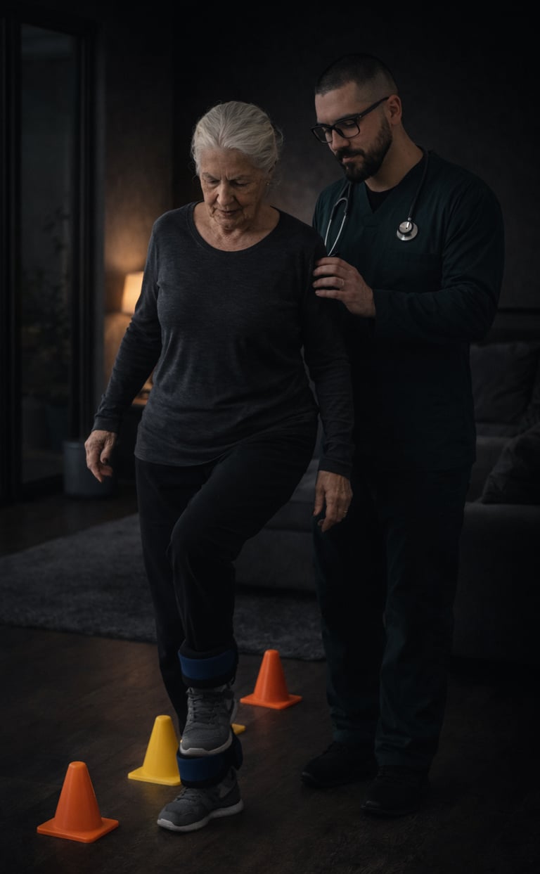 fisioterapeuta realizando exercício em uma idosa durante um atendimento de fisioterapia domiciliar