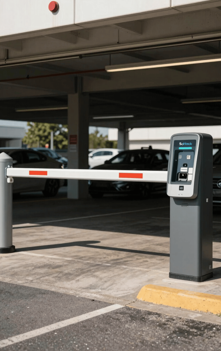 Wide environmental shot of an operational parking facility entrance, a Softeck vehicle barrier mid-cycle with a payment kiosk visible to the right, direct daylight, high contrast, true color reproduction emphasizing the physical durability of the installed equipment