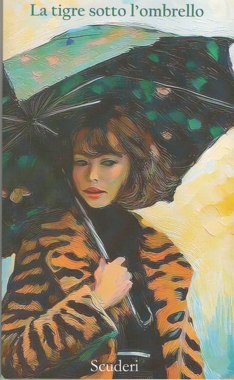 An impressionist book cover illustration of a woman in a tiger print coat holding a black umbrella.