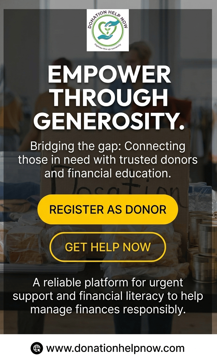 Donation Help Now banner for urgent support, financial education, and donor registration.