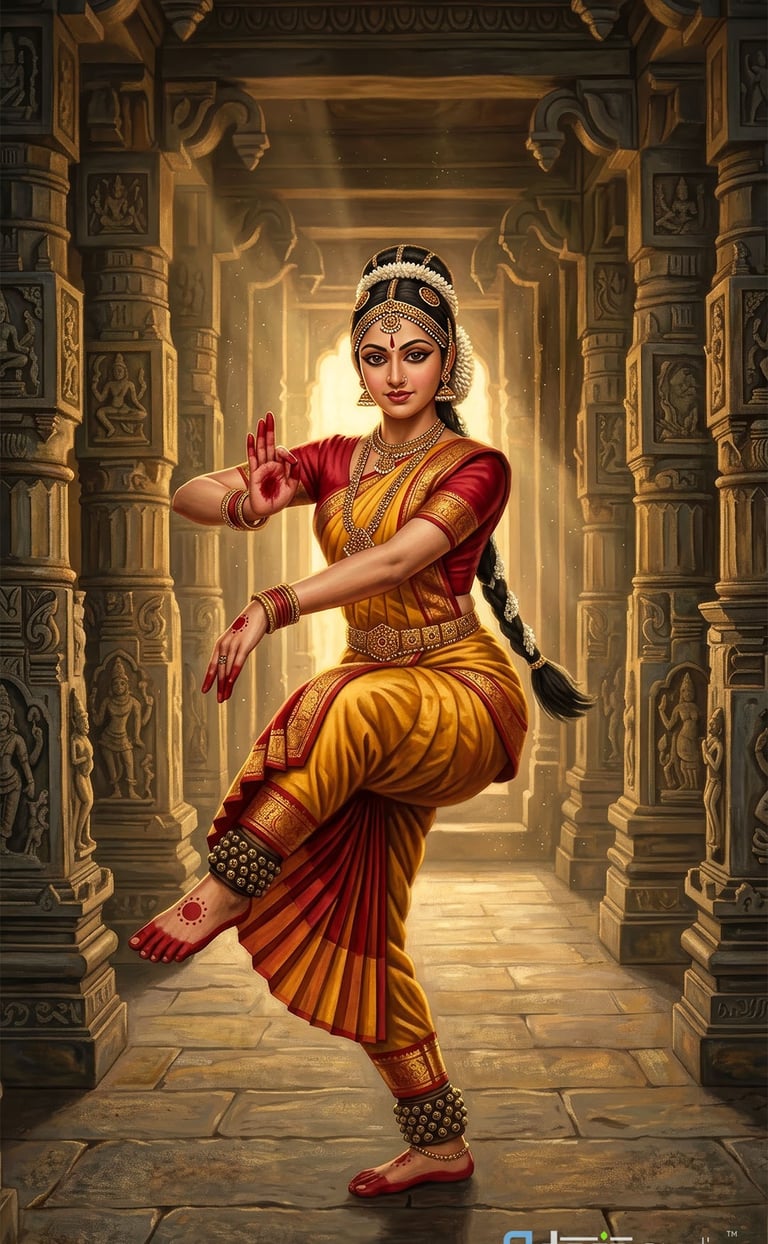AI-assisted fine art painting of a Bharatnatyam dancer in a red and gold saree. 