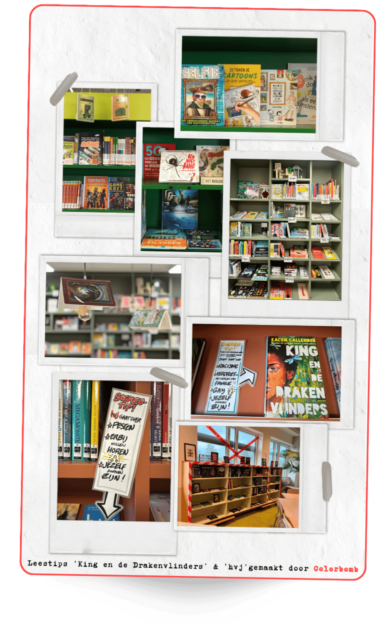 Photo collage of a vibrant bookstore featuring Dutch children's books, comic books, and shelving units.