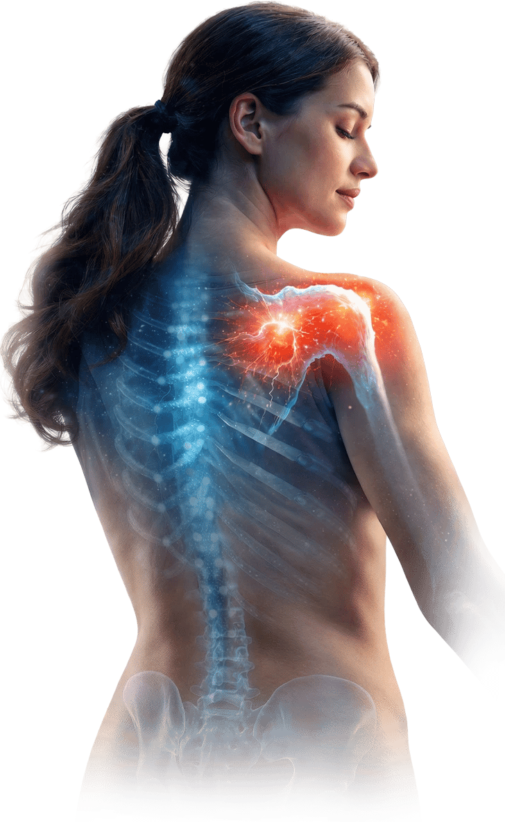 Anatomical overlay of a woman with glowing red shoulder joint pain active stem cells repairing