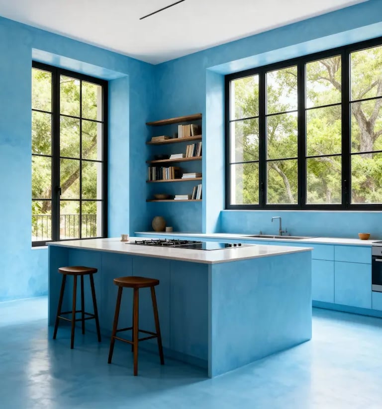 Modern vibrant blue kitchen interior with a large island, wood stools, and black window frames.