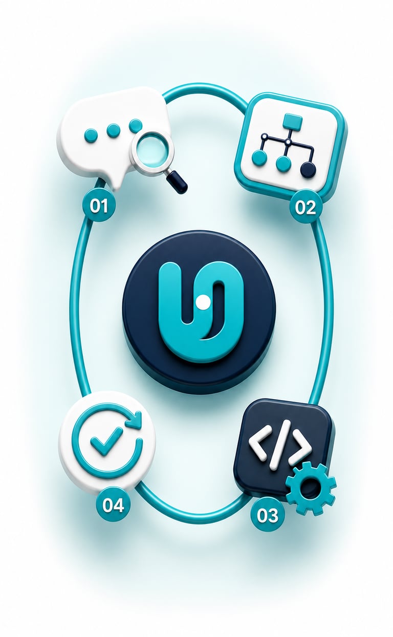 3D Unitlogi product development loop showing workflow observation, software development, testing and refinement.