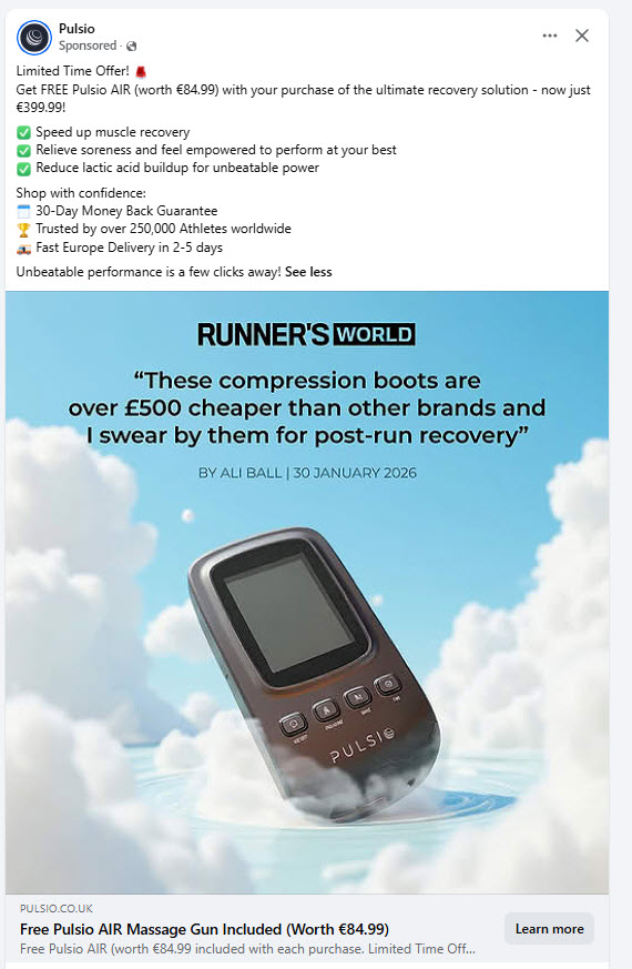 Image of Pulsio product runners world facebook sponsored ad teardown