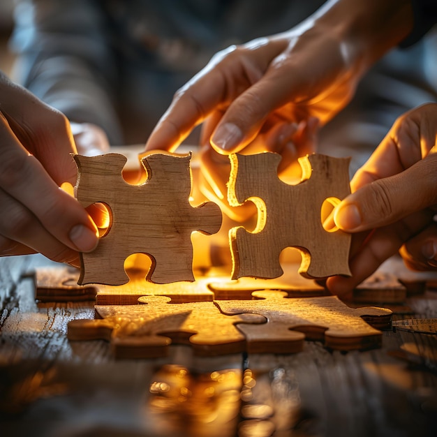 Close-up of diverse hands connecting wooden puzzle pieces on a rustic table, symbolizing teamwork and problem-solving.
