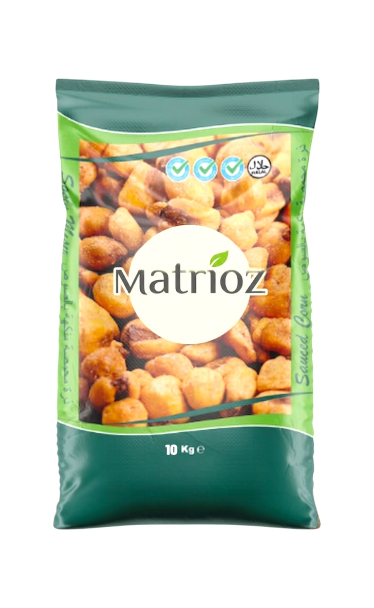 A 10kg bulk bag of Matrioz salted corn snacks with a transparent window showing roasted kernels.