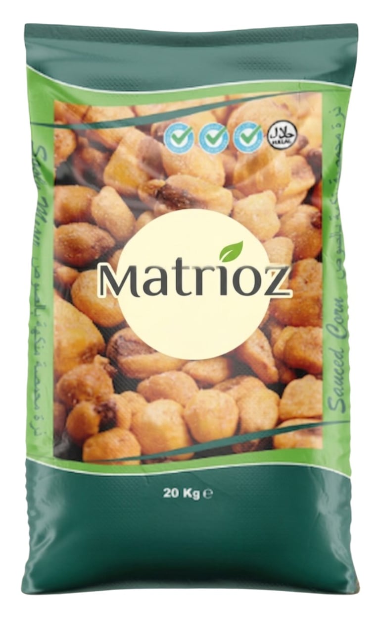 A 20kg bulk bag of Matrioz salted toasted corn nuts snack with Halal certification logo.