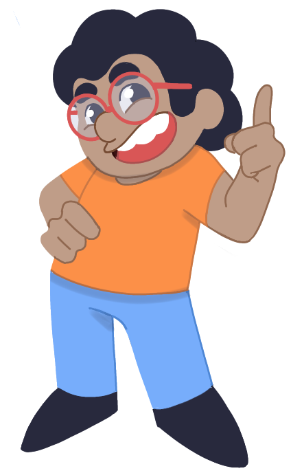 A cheerful cartoon character with curly hair and red glasses posing against a dark background.