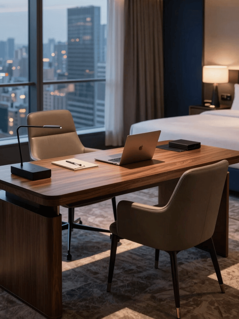 A high-angle photograph of a luxury executive apartment suite designed for global and international executive travelers. The interior features a sleek workspace with a minimalist walnut desk, an elegant leather chair, and warm evening ambient light casting a soft glow. In the background, a plush king-sized bed with crisp off-white linens is visible, next to a large window overlooking a softly lit metropolitan skyline. The color scheme features sophisticated deep navy blue and warm taupe tones, embodying a refined and prestigious hospitality experience.