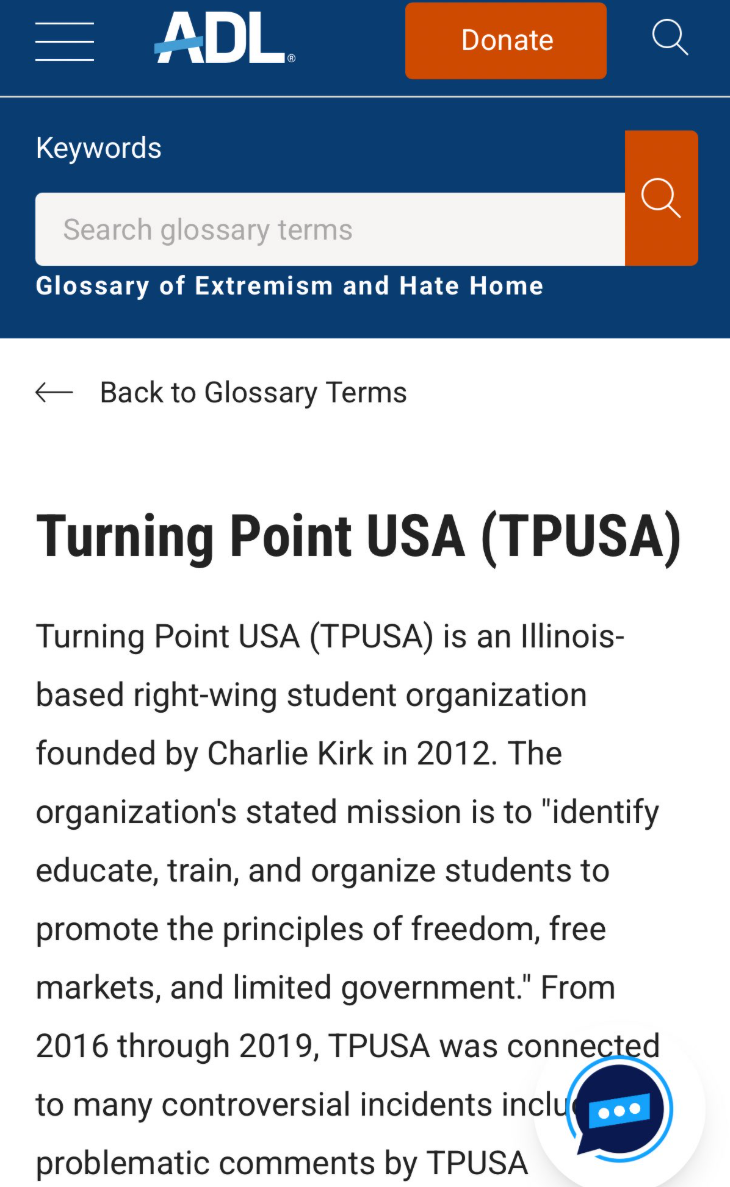 Previous ADL description of Turning Point USA