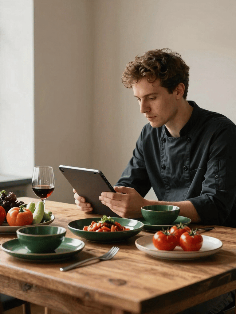 A detailed editorial photography shot set in a cozy Scandinavian restaurant space in a Western European setting. A digital strategist and a chef review content on a tablet. On the rustic wooden table sit dark forest green tableware, fresh seasonal produce, and deep crimson tomato dishes illuminated by soft daylight against light parchment walls.