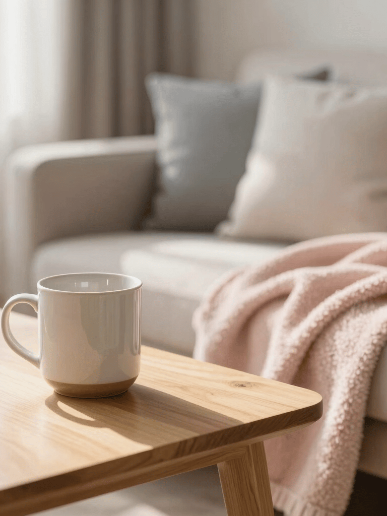 A cozy and peaceful scene in a modern North American / Global living room bathed in soft morning daylight. A ceramic mug rests on a light wooden table next to a soft blush pink cozy blanket and a soft slate grey pillow on a comfortable chair. The composition is clean, warm, and inviting, creating a sense of calm and accessibility for readers living with chronic conditions.